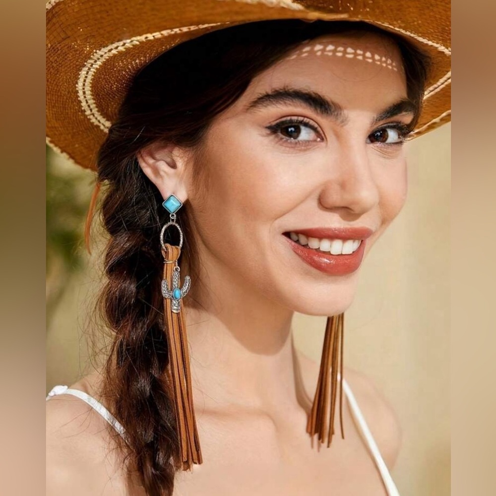 New 5” Western Boho Leather Cactus Post Turquoise Earrings
